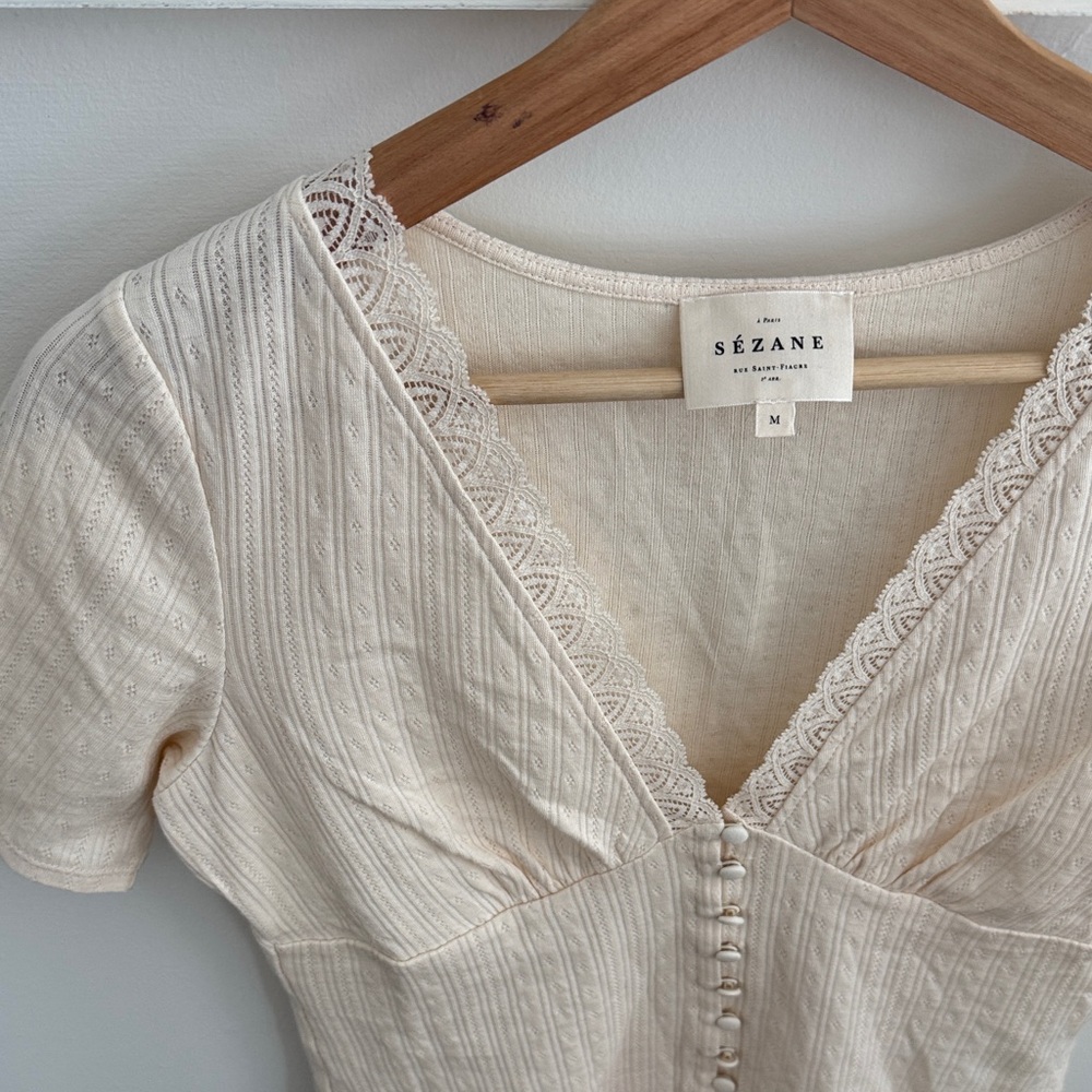 Sézane Women’s Jamie T-shirt Cream Button V-neck Top Lace Short Sleeve Size M - Picture 4 of 10